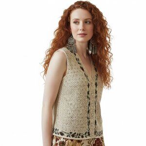 Vintage Weekend Edition Cream Textured Knit Button-Up Sweater Vest Size L